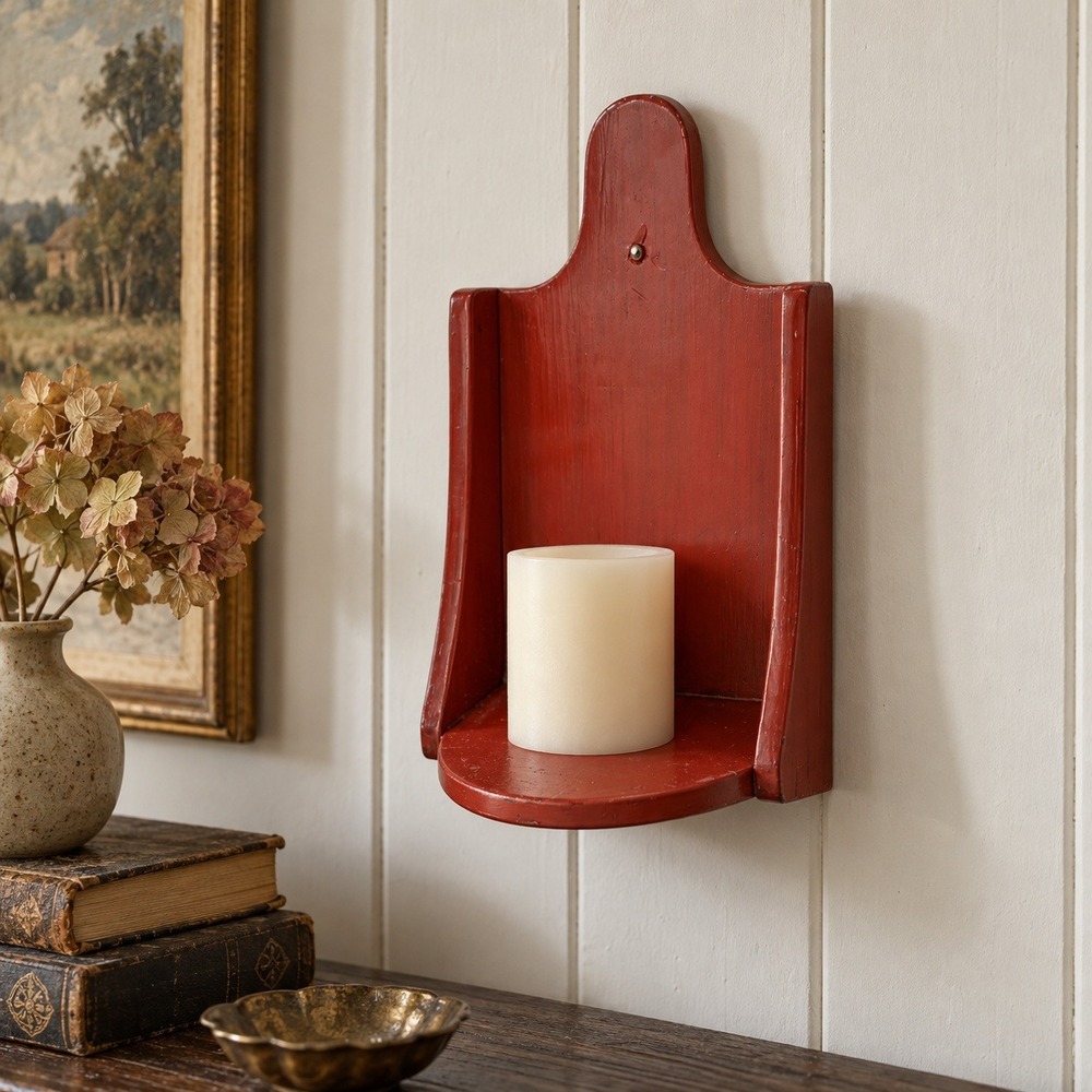 Vintage Red Wood Wall Candle Shelf, Small Cottage Sconce, Wall Bracket